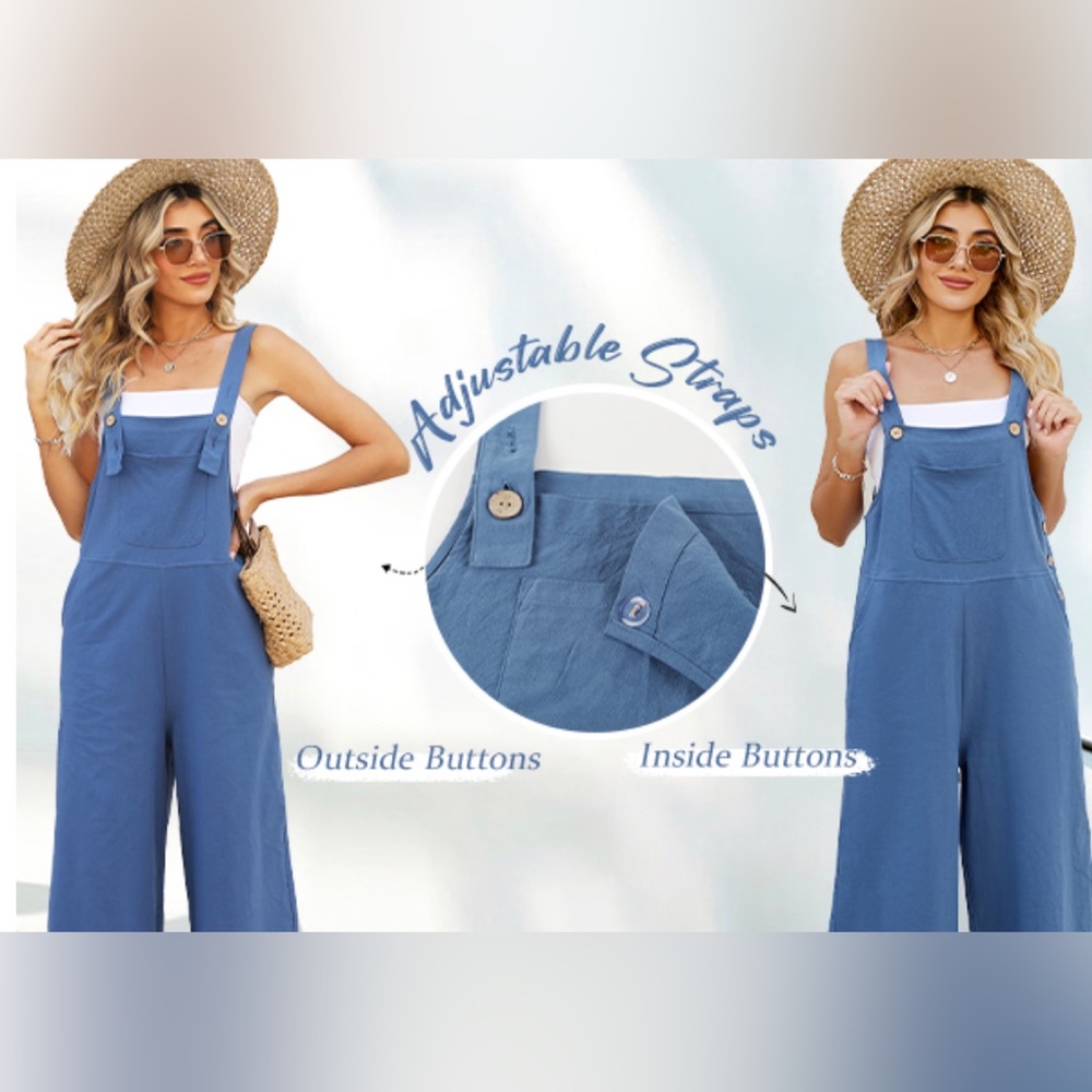 Women’s Bluish Gray Casual Loose Fit Wide Leg Jumpsuit With Adjustable Straps - Picture 9 of 11